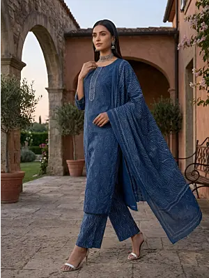Blue Printed Straight Kurta Set With Dupatta for Women