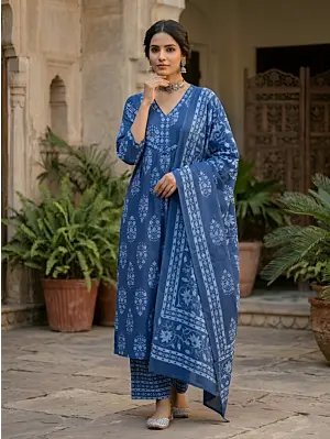 Blue Printed Straight Kurta Set With Dupatta for Women