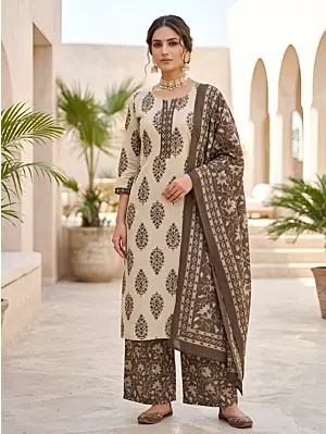 Beige & Brown Printed Straight Kurta Set With Dupatta for Women