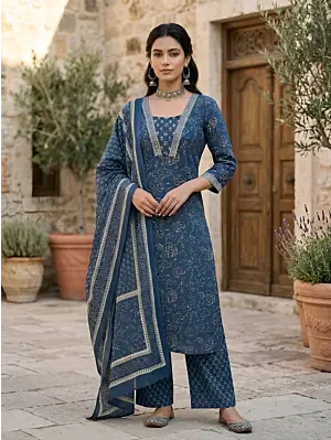 Navy Blue Printed Straight Kurta Set With Dupatta for Women