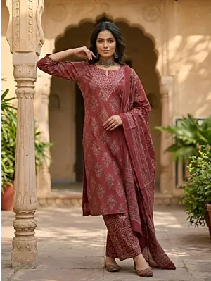 Maroon Printed Straight Kurta Set With Dupatta for Women