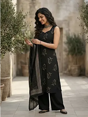 Black Printed Straight Kurta Set With Dupatta for Women