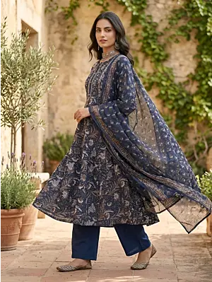 Blue Printed Anarkali Kurta Set With Dupatta for Women