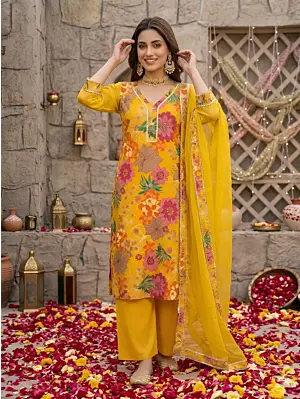 Yellow Printed Straight Kurta Set With Dupatta for Women