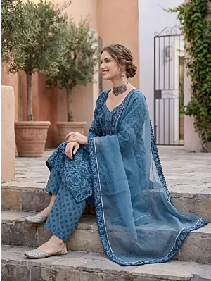 Blue Printed Straight Kurta Set With Dupatta for Women