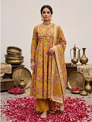 Yellow Floral Printed Anarkali Kurta Set With Dupatta for Women