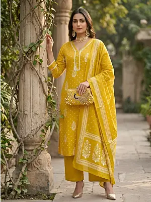 Yellow Printed Straight Kurta Set With Dupatta for Women
