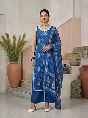 Blue Printed Straight Kurta Set With Dupatta for Women