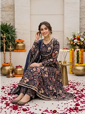Navy Blue Printed Anarkali Kurta Set With Dupatta for Women