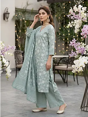 Sage Green Printed Straight Kurta Set With Dupatta for Women