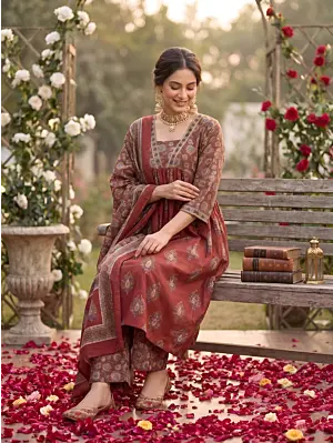 Maroon Printed A-Line Kurta Set With Dupatta for Women