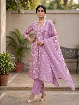 Lavender Printed A-Line Kurta Set With Dupatta for Women