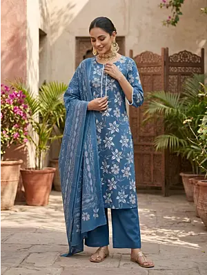 Blue Printed Straight Kurta Set With Dupatta for Women