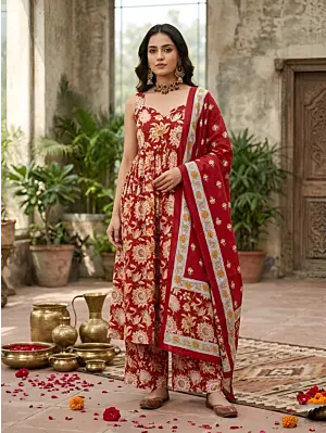 Red Printed Anarkali Kurta Set With Dupatta for Women