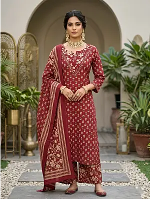 Maroon Printed Straight Kurta Set With Dupatta for WomenRegular price