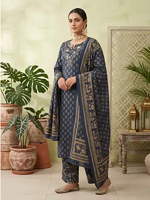 Blue Printed Straight Kurta Set With Dupatta for Women