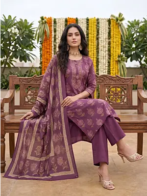 Burgundy Printed Straight Kurta Set With Dupatta for Women
