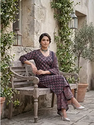 Blue Printed Straight Kurta Set With Dupatta for Women