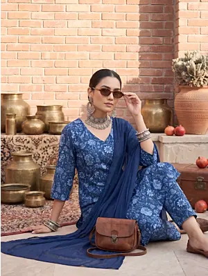 Blue Printed Straight Kurta Set With Dupatta for Women