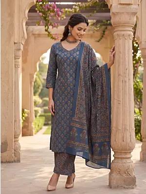 Blue Printed Straight Kurta Set With Dupatta for Women