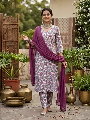 Off White Printed Straight Kurta Set With Dupatta for Women