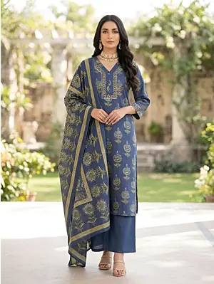 Blue Printed Straight Kurta Set With Dupatta for Women