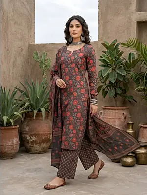 Grey Black Printed Straight Kurta Set With Dupatta for Women