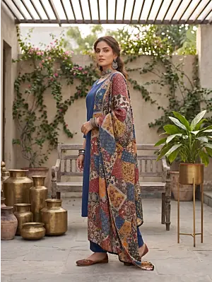 Blue Printed Straight Kurta Set With Dupatta for Women