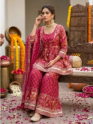 Magenta Printed Peplum Kurta Set With Dupatta for Women