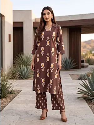 Brown Printed Straight Kurta & Trouser Two Pices Set for Women