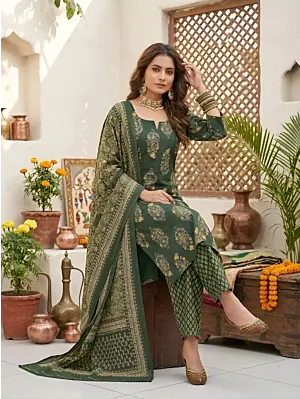 Green Printed Straight Kurta Set With Dupatta for Women