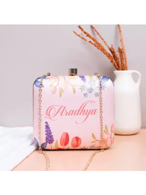 Women Pink Floral Printed Name Customised Clutch