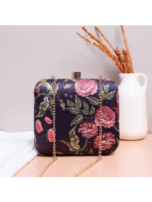 Women Black Floral Printed Name Customised Clutch