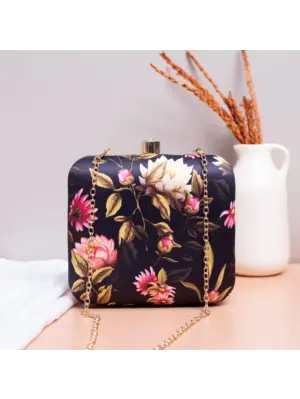 Women Black Leaf And Floral Printed Name Customised Clutch