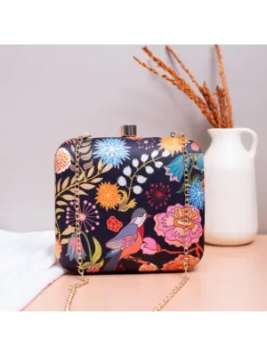 Women Black Bird And Floral Printed Name Customised Clutch