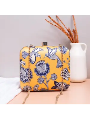 Woman Yellow Birds And Floral Printed Name Customised Clutch
