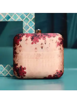 Woman Beige And Red Floral Printed Clutch