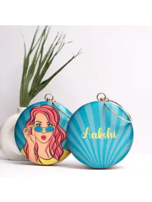 Woman Sky Blue Round Customised Name Clutch