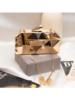 Women Metallic Gold Hexagon Metal Clutch
