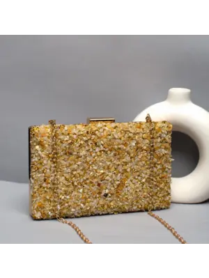 Women Gold Gravel Stone Metallic Evening Clutch