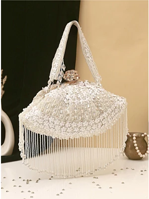Women White Embellished Party Wear Clutch Potli