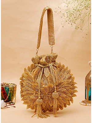 Golden Flower Sequined Heavy Potli Bag for Women