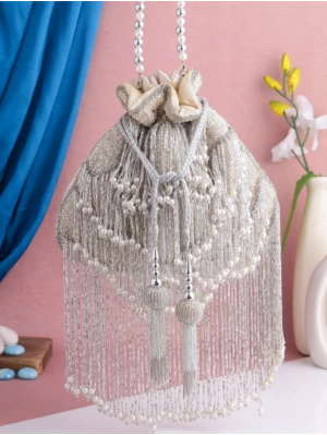 Silver Embellished Long Tassels Luxury Bridal Potli