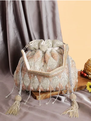Silver and Peach Handwork Luxury Potli Bag for Bride