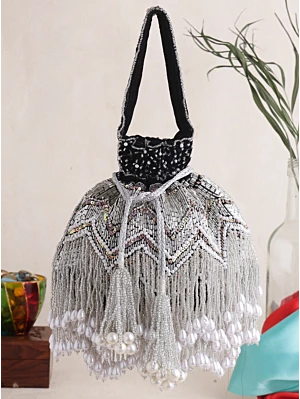 Black Bridal Long Tassels Pearl Luxury Potli Bag