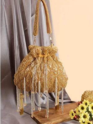 Women Luxury Party Wear Golden Evening Potli Bag 