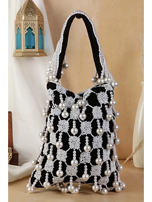 Women Black Pearl Embroidered Stylish Potli Bag