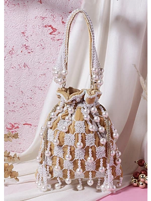 Women Brown Pearl Embroidered Stylish Potli Bag