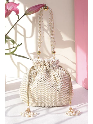 White Pearl Embellish Designer Potli Bag for Women