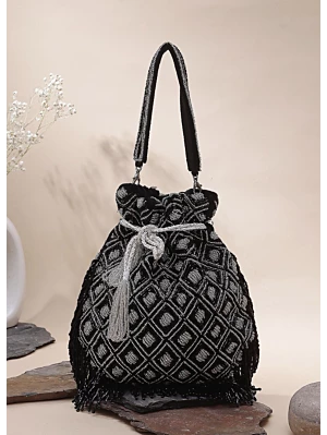 White Pearl Embellish on black Potli bag Party Wear